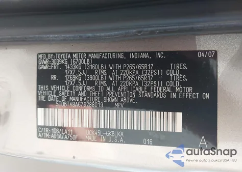 2007 Toyota Sequoia Limited V8 from USA, damaged, VIN 5TDBT48A67S288019